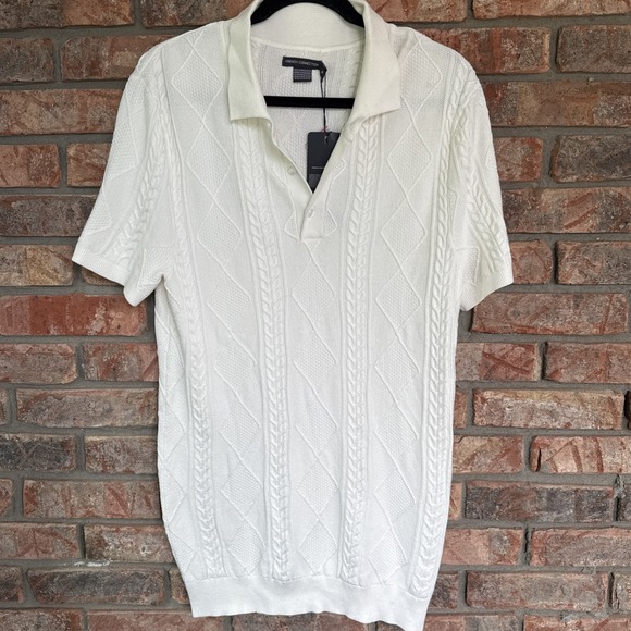 New French Connection Mens M Beige Ribbed Short Sleeve Sweater Preppy Shirt Polo - Picture 1 of 4